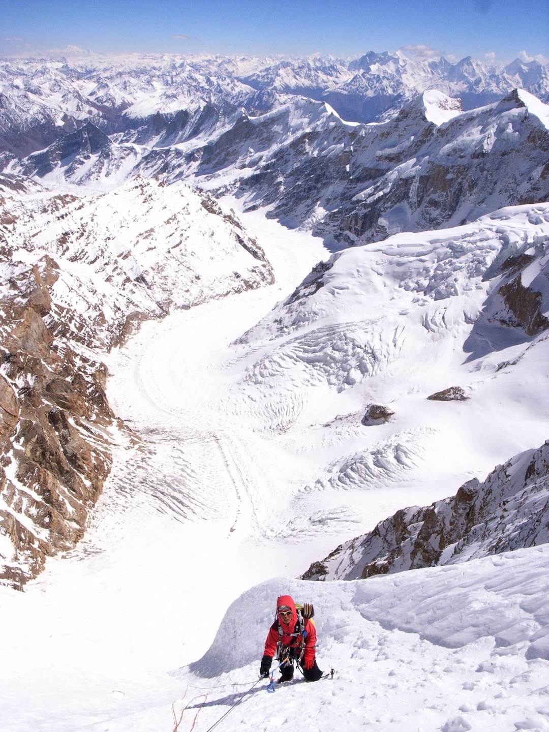 Taniguchi climbing the Banana Couloir at ca 7,250m, above the Purbi Kamet Glacier, at the end of the fifth day on the route. Only 500m of snow climbing remained, but the exhausted climbers needed two more bivouacs to reach the summit.
