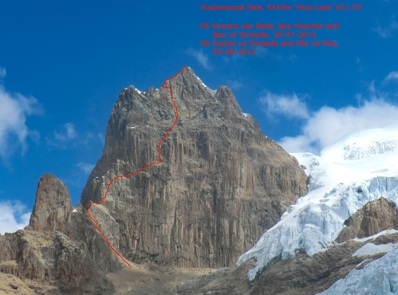 The line of Poco Loco on the north face of Puscanturpa Este.