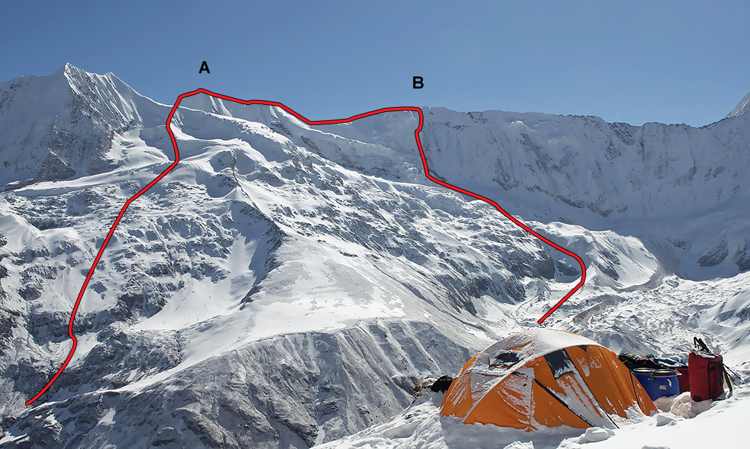 The ascent, traverse, and descent soloed by Francois Damilano. (A) Peak 5,783m and (B) Jagdula Peak.  