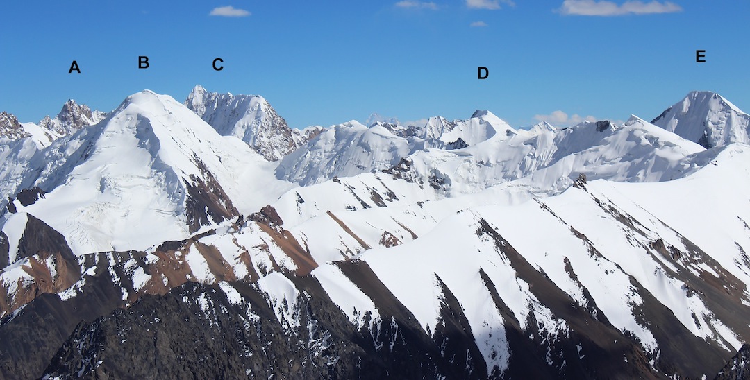 Unclimbed peaks at the head of the South Ghidims Glacier and beyond, seen from the northwest. (A) Peak 6,093m). (B) Peak 6,047m. (C) Peak 6,200m. (D) Peak 5,913m. (E) Peak 6,000m.  