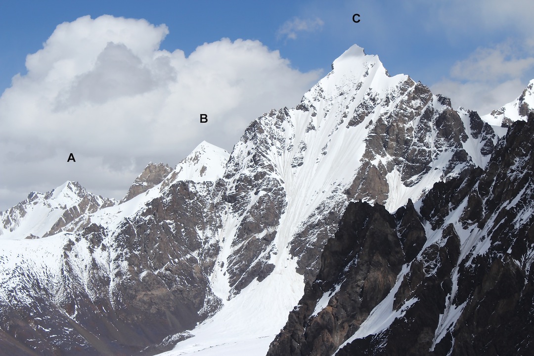 Seen from the southwest over the Left Ice Flow of the North Ghidims Glacier: (A) Peak 5,820m, (B) Peak 5,920m, and (C) Yawash Sar II (6,176m, unclimbed).