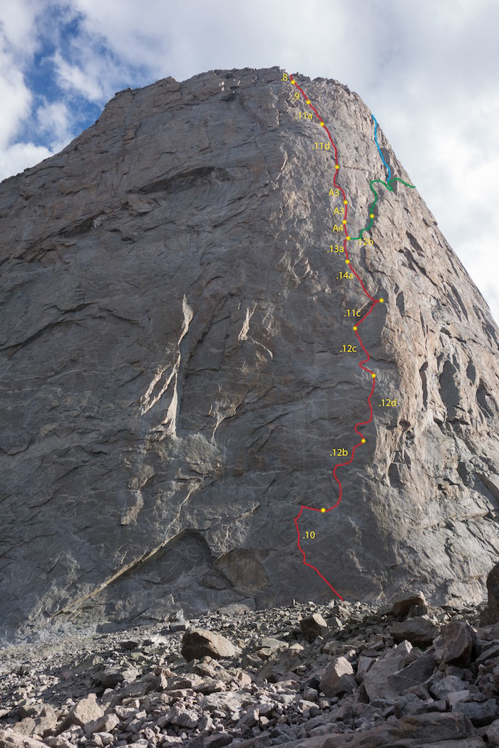 Topo of Sendero Luminoso. The green line shows the exit taken on the team's linkup.