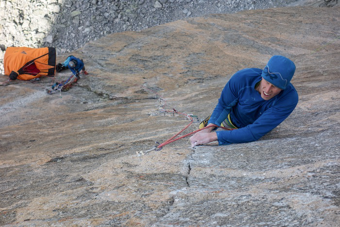 Nik resting before the crux of the crux 14a pitch.