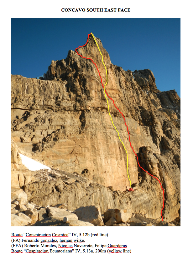 The new route on the southeast face of Concavo shown by the yellow line. 