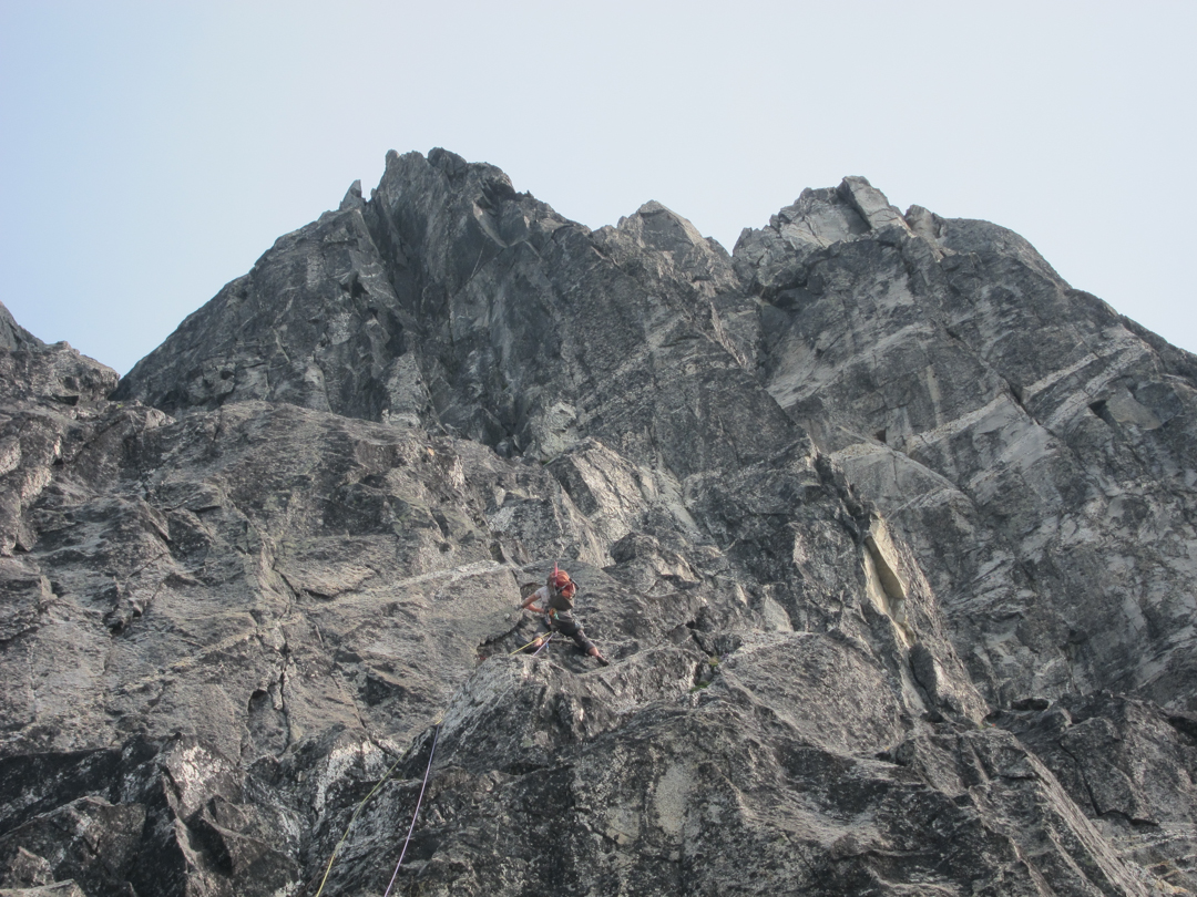 Tim Halder leading a steep flake on the fourth pitch.  