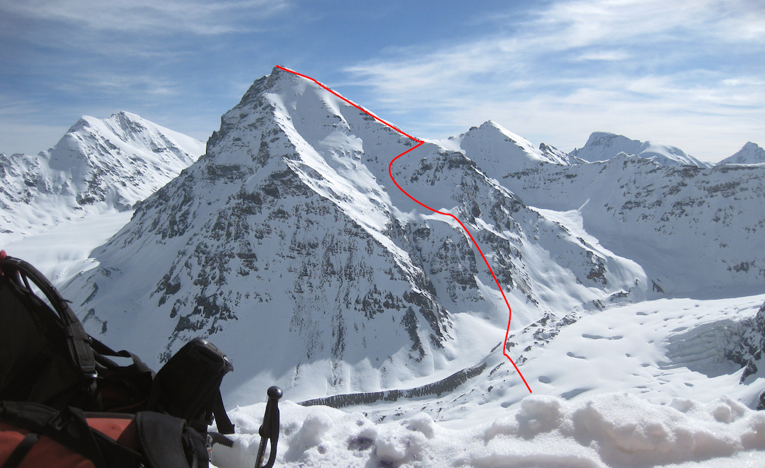 The new route on the southwest face and south ridge of Peak 6,010m, seen from high camp on Peak 5,970m.  