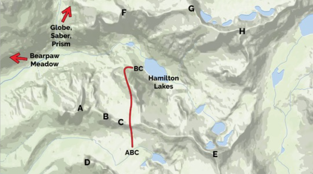 An overview of the Hamilton Lakes area, where California-based Vitaliy Musiyenko and various partners established many new routes spread across multiple trips during the summer and fall of 2015. [See reports on pages 107–115.] Select formations are labled: (A) Hamilton Dome. (B) Rowell Tower. (C) Serpent’s Tooth. (D) Eagle Scout Creek Dome. (E) Eagle Scout Peak. (F) Angel Wings. (G) Cherubim Dome. (H) Mt. Stewart. (BC) The standard base camp at Hamilton Lakes used for climbing Angel Wings, etc. (ABC) The approach and high camp used by Musiyenko and Brian Prince to climb Hamilton Dome, Rowell Tower, and the Serpent’s Tooth.