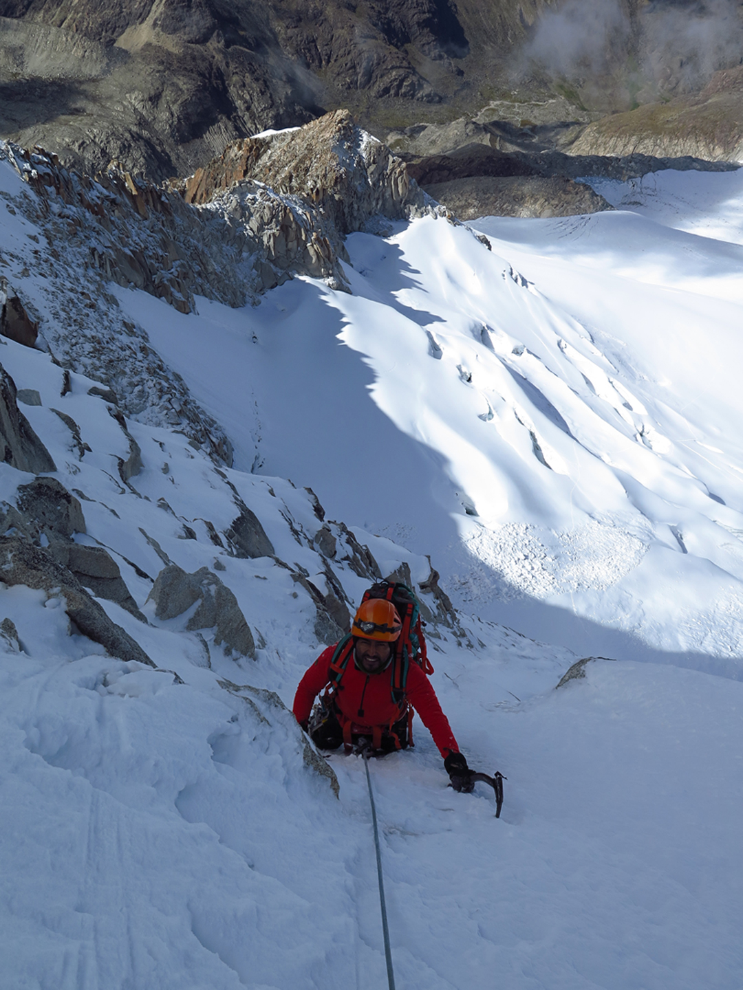 Marcelo Gomez in the upper couloir during the first ascent of Milanesa Patentada on the southwest face of Jakoceri.  