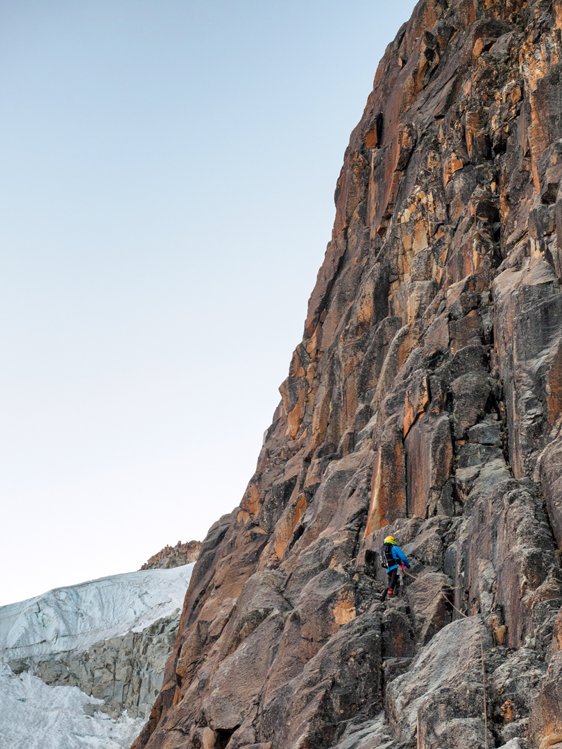 Enrico Rosso starts up the left pillar on the north face of Rumi Mallku during the first ascent of Mindfulness.  