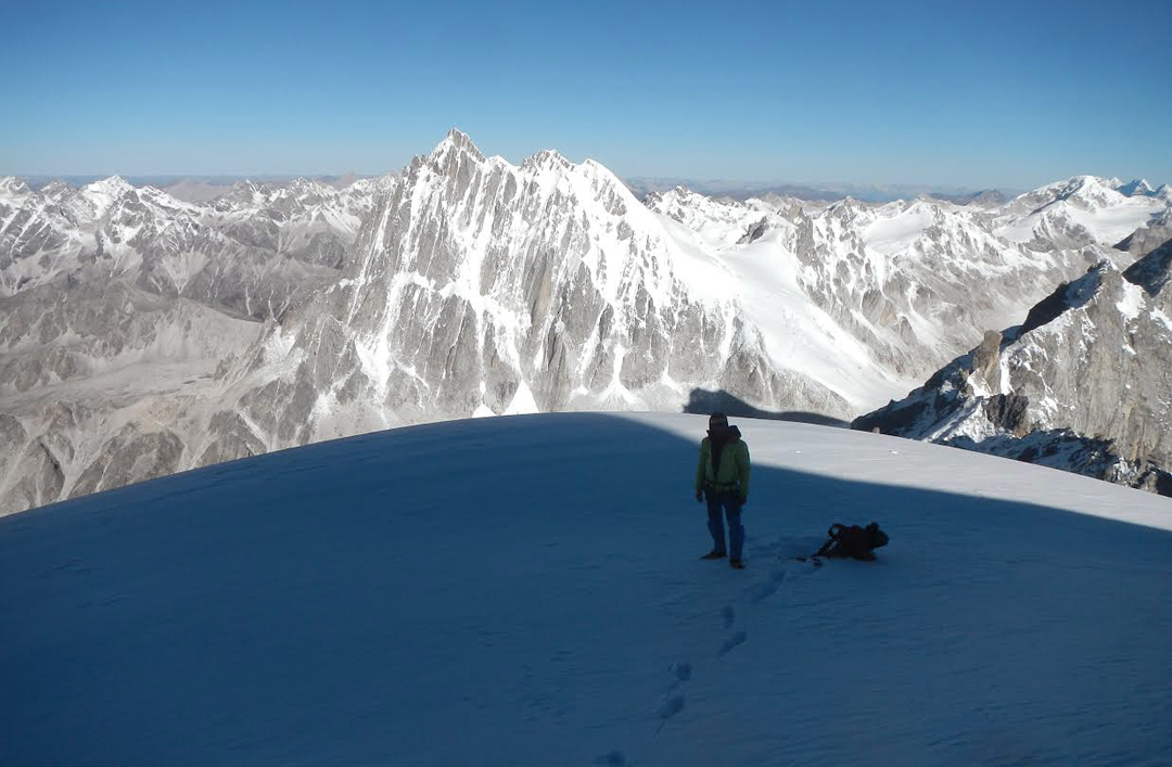 Hutsa’s unclimbed east face from the summit of Peak 5,912m. 