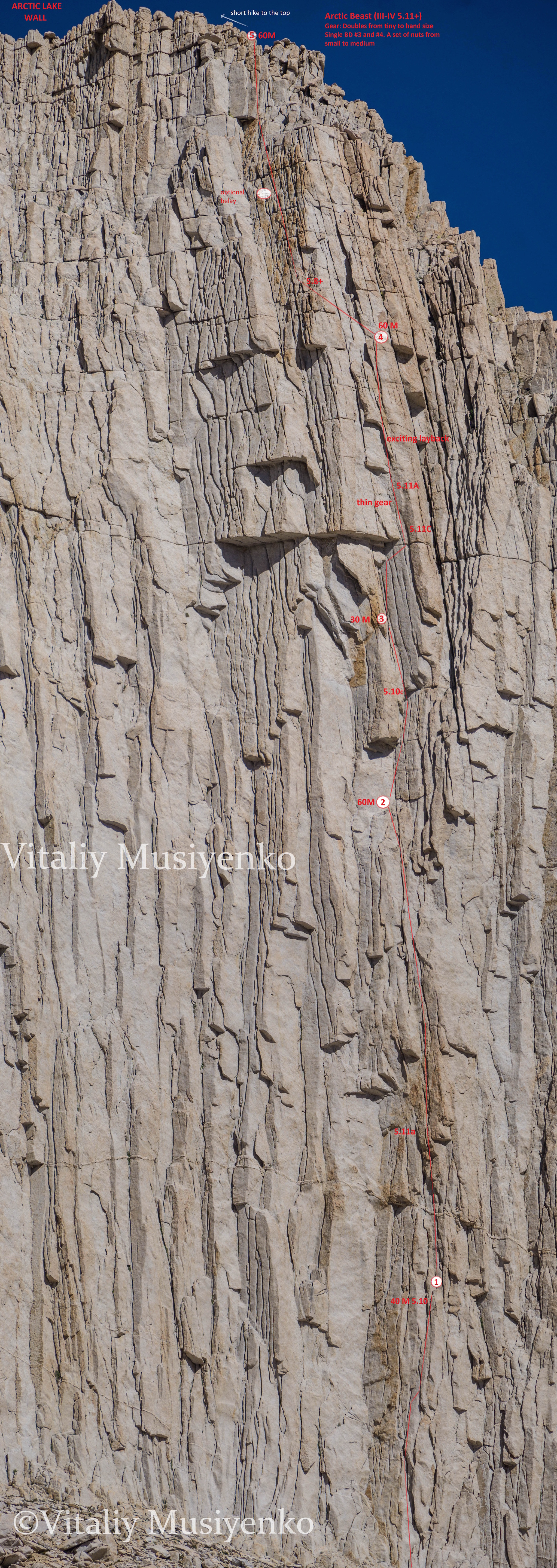 Photo-topo for the route Arctic Beast on the Arctic Lake Wall.  