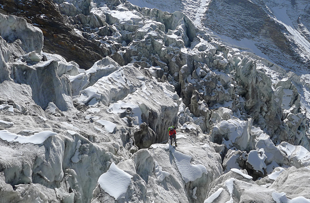 Victor Saunders during the complex descent of the South Sersank Glacier, eight days into the climb and descent.