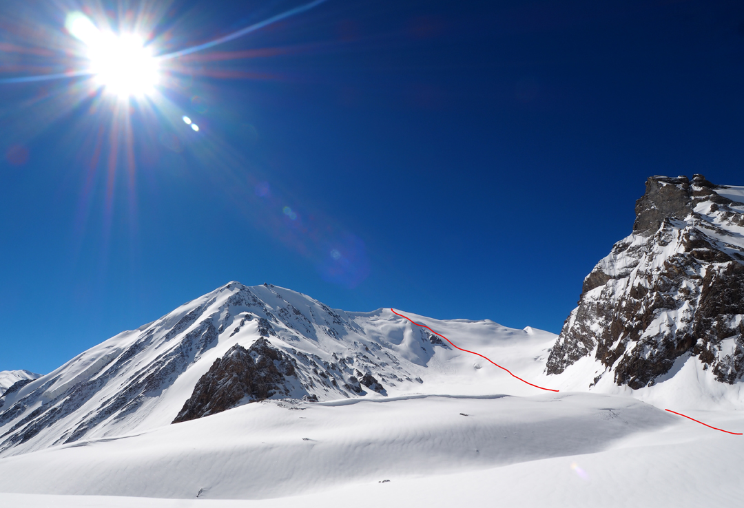 Seen from north of Boesam Pass: the northwest face of Peak 5,700m, climbed by a British team in 2017.