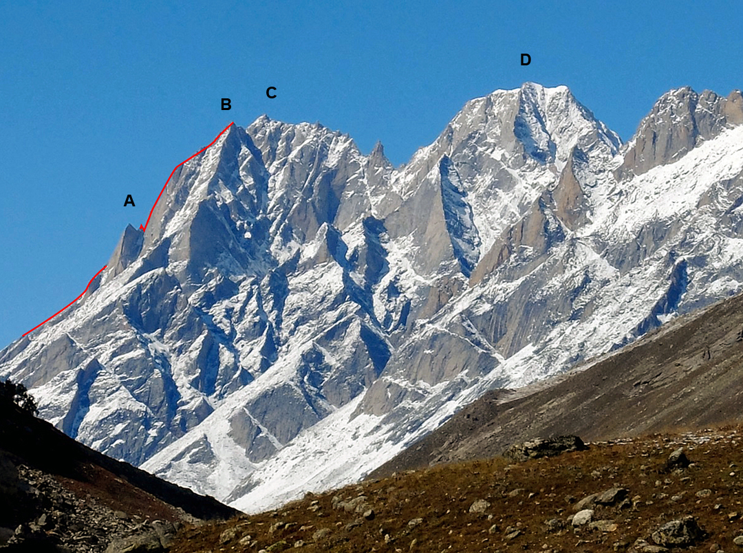 Seen from the Miyar Valley to the south: (A) Lammergeier Spire, (B) Marikula Killa’s west top, a.k.a. Miyar Shivling. (C) Marikula Killa. (D) James Peak.  