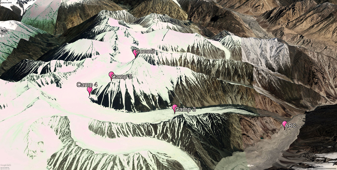 The last four camps en route to the summit of Rangston Gyathok. ABC on the Phurdokpa Glacier, Camps 3 and 4 on the North Phurdokpa Glacier, and Camp 5 on the southwest ridge. The main river valley in top right of the image is the Shyok. 