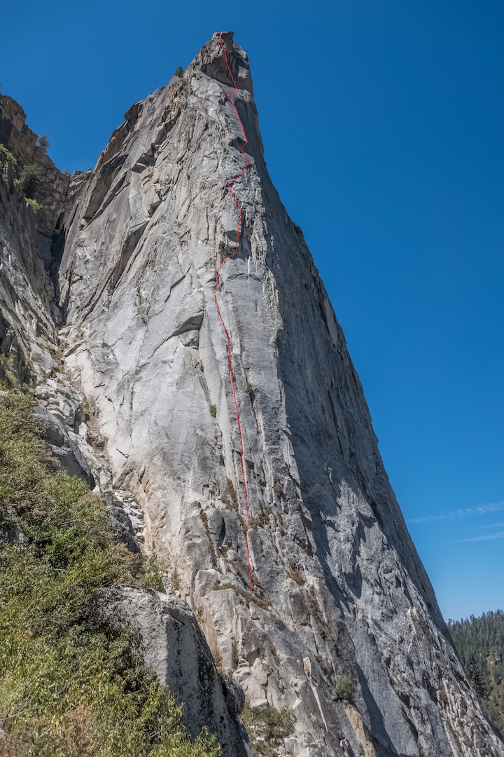 The Watchtower, in the Tokopah Valley of Sequoia National Park, showing the line of Big Time (1,200’, IV 5.12a). This route—which begins on the original Northeast Arête (Henzie-Rowell, 1970), links into All Along the Watchtower (Harrison-Long, 1985), and climbs a steep independent finish through the headwall—was an old Richard Leversee project that was attempted with several strong climbers in the 1990s. 