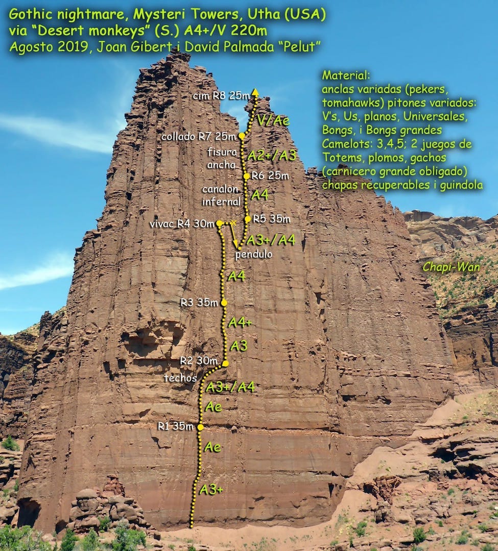 Photo-topo for Stone Monkeys (5.7 A4+) on the Gothic Nightmare, in Utah’s Mystery Towers. 