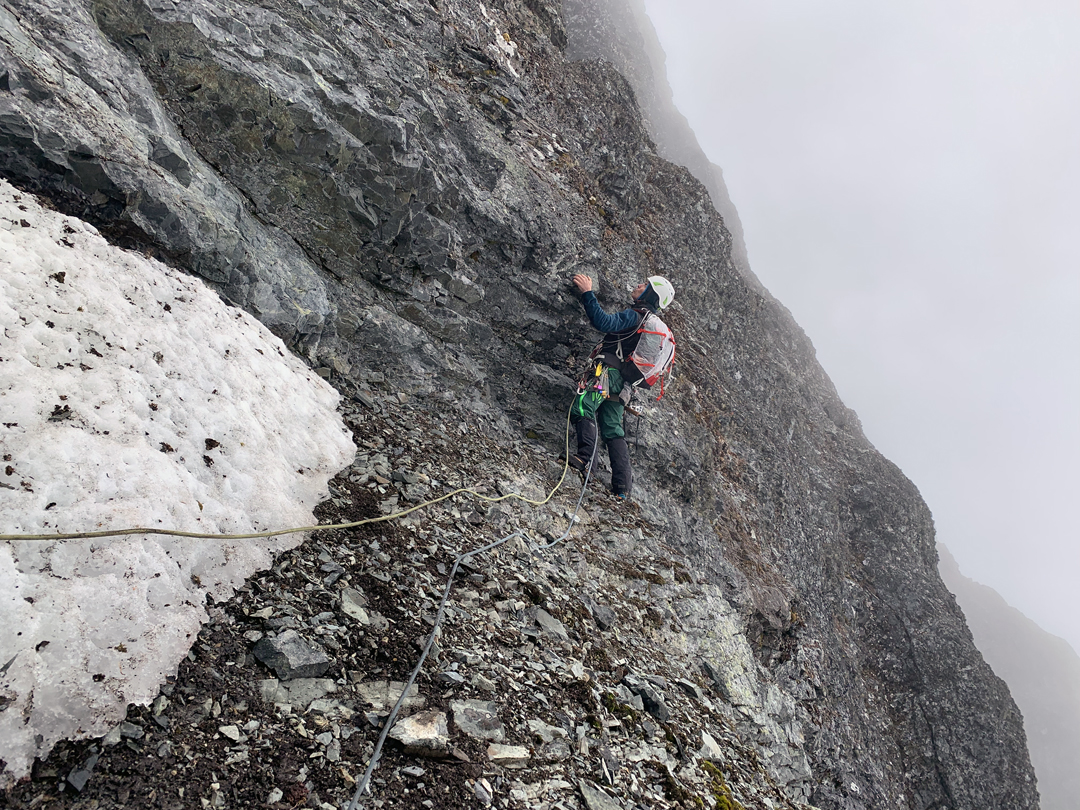 Gian Luca Cavalli exploring interesting rock climbing on the upper section of Via della Seta, a new route to a subpeak of Zeiss Needle.  
