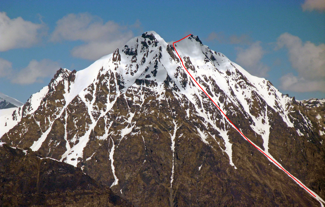 Two-Headed Massif and the route of ascent in late May 2018 to the north top via the southeast couloir.  