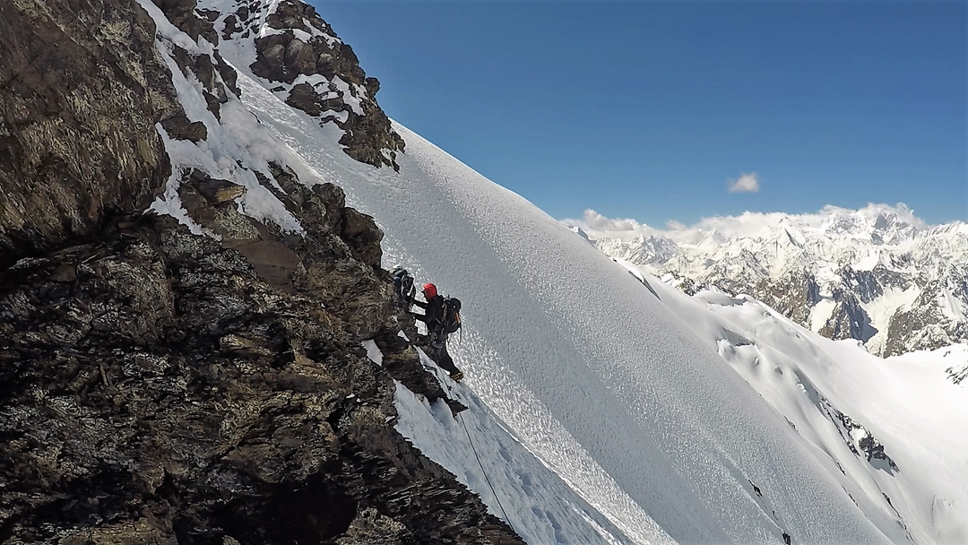 Traversing below the north top during the first ascent of Lal Sirang Kateth.  