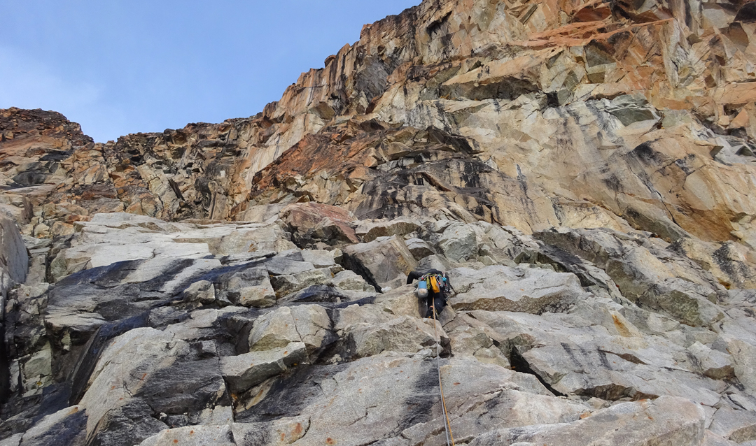 Aldo Coral on the third pitch (5.9) of Día Libre, east face of Pico Italia.  