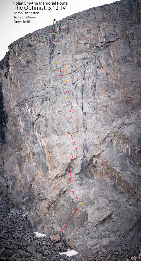 The northeast face of Mt. Hooker in Wyoming’s Wind River Range, showing the line of The Optimist, a.k.a. The Nolan Smythe Memorial Route (1,500’, 12 pitches, 5.12), climbed by Aaron Livingston, Jackson Marvell, and Drew Smith in August 2020. 