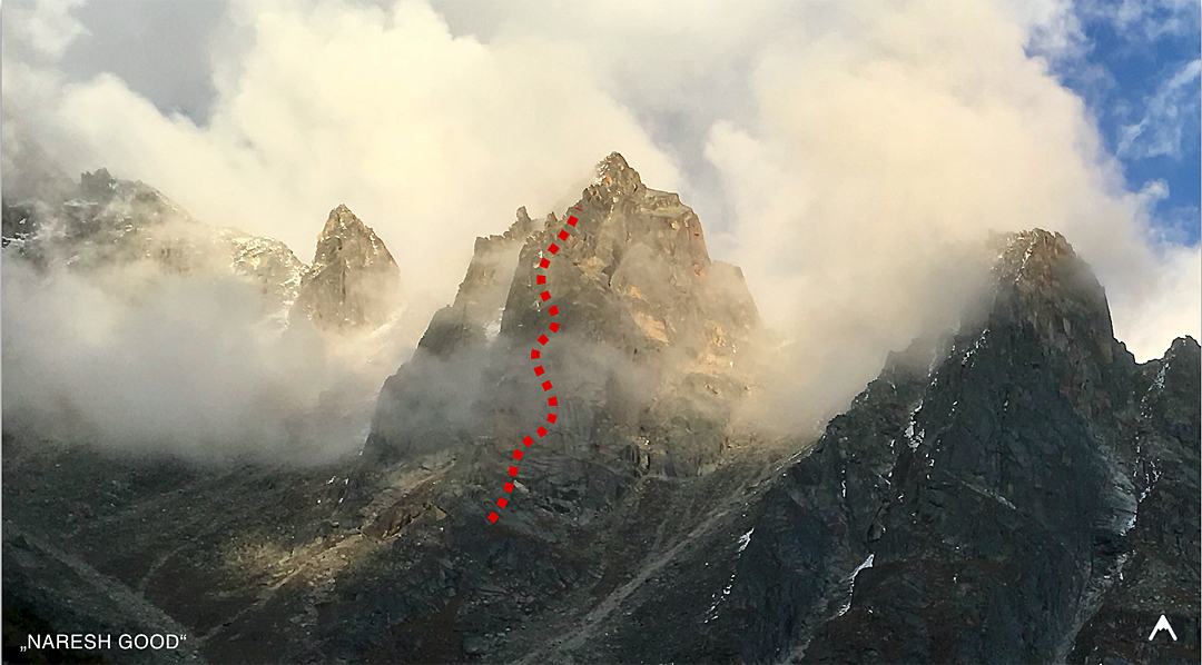 Naresh Good on the rock peak called Hace and Charas above the Rakcham Plateau. About a month previously, a group of young Austrians had made the first ascent of this tower via a route a little to the left (see AAJ 2020).