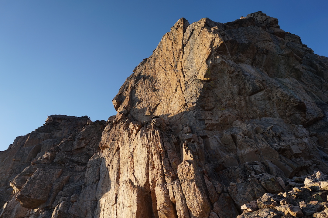 Pitches seven and eight of 29 fingers (660’, 9 pitches, III 5.10+) in the evening sun. 