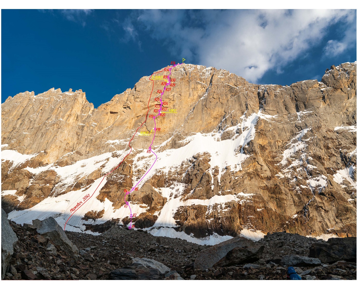 The north face of Svarog showing the 2014 route (left) and the 2021 route.
