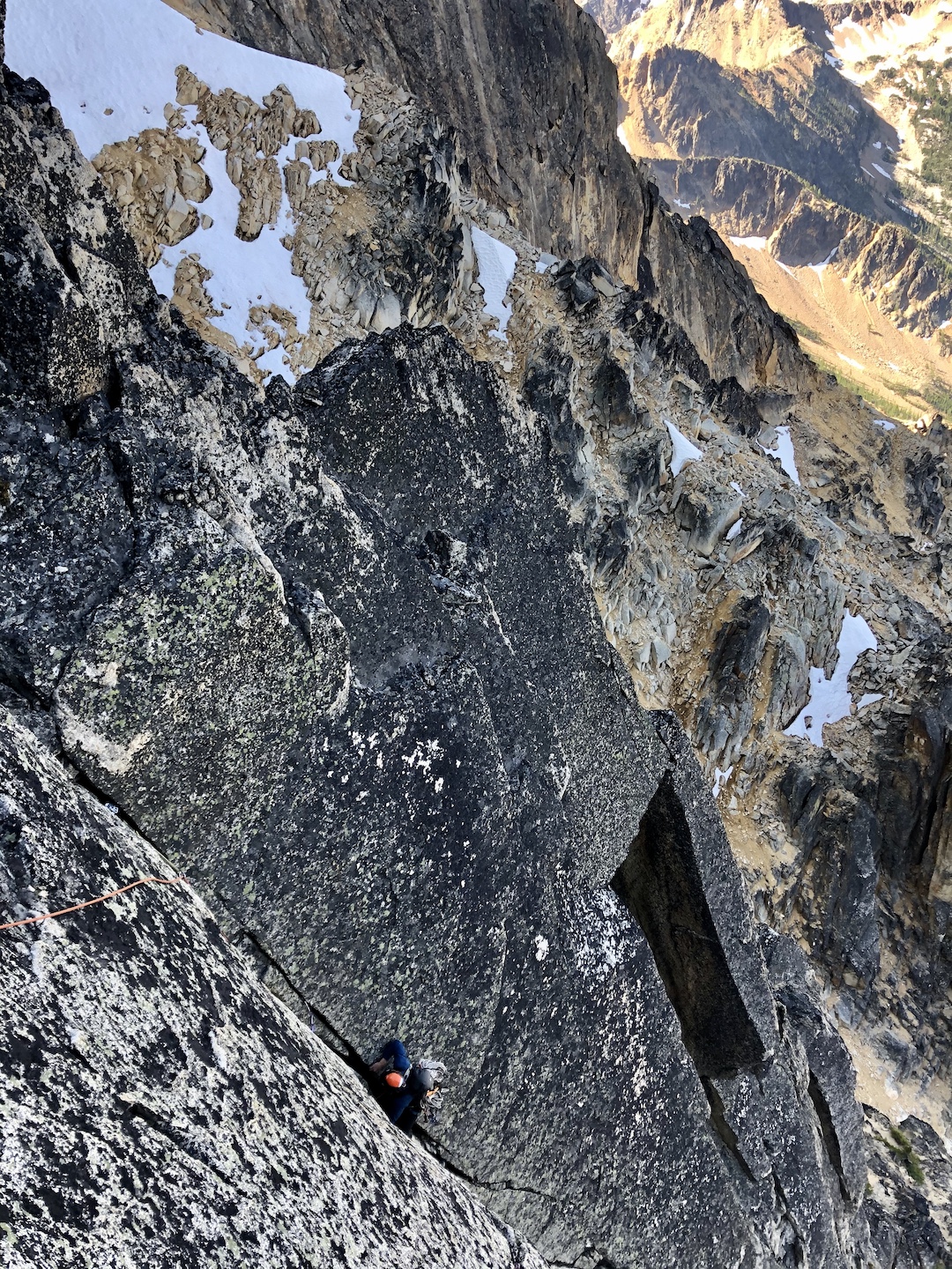 Seth Keena following the stellar 5.9 corner of pitch three on the West Rib of Silver Star Mountain. 