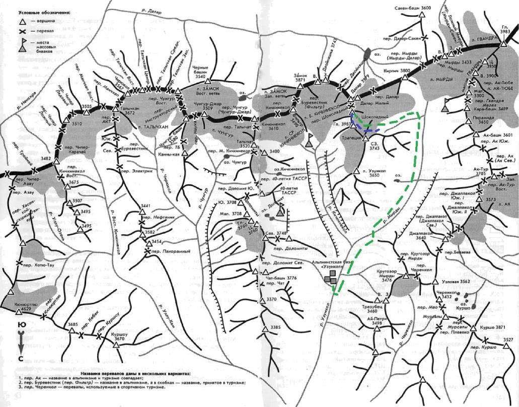 Map showing the approach and location of Pik Chocolate, north of Pik Dolar in the western Caucasus. (Note that the map is oriented with north at the bottom.)