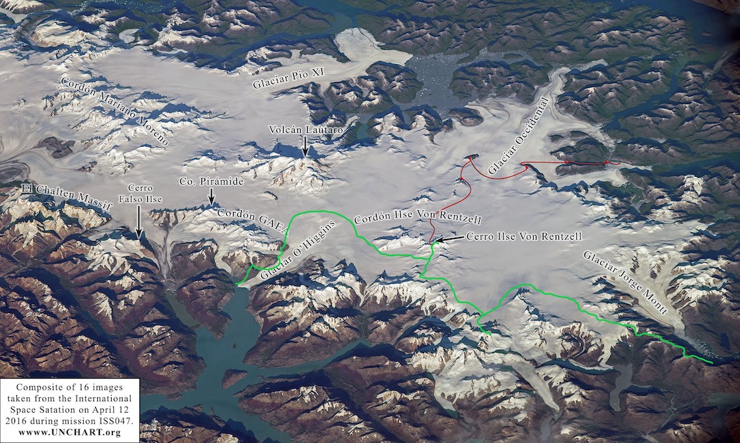 View from the east with the 2022 route across the Southern Patagonian Icefield shown in green (right to left), including the detour up Cerro Celador (3,067m) in the lower right and Cerro Ilse Von Rentzell (2,506m) at center. The red line shows Natalia Martinez and Camilo Rada’s 2021 approach to Cerro Ilse Von Rentzell. 