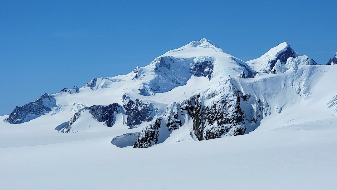 Cerro Celador (3,067m) as seen from the south. The 2022 route followed the south face, traversing around the west side of the peak to reach the summit. 
