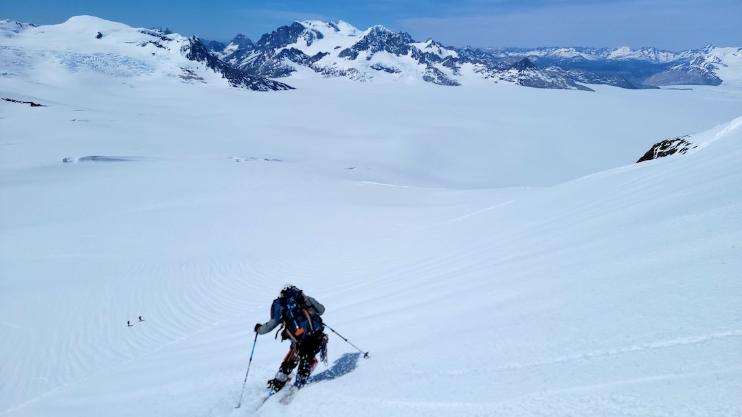 Making the first ski decent of Cerro Ilse Von Rentzell (2,506m) with a view to the east. 