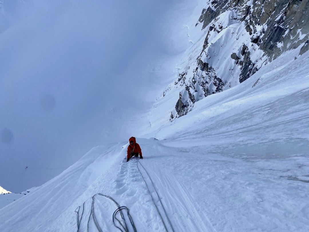 Grant Stewart on a large icefield in the middle of Shadow People (700m, IV AI4+ M5), Mini-Moonflower Buttress, Mt. Hunter.