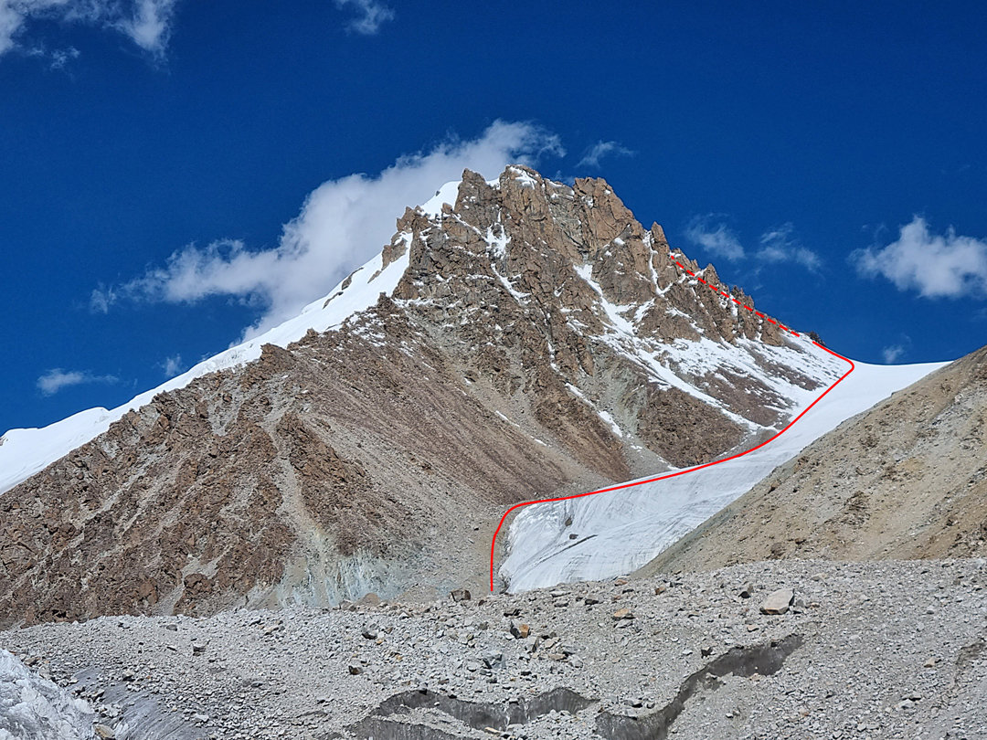 Unclimbed Peak 289 and the route up the south ridge in 2023.  