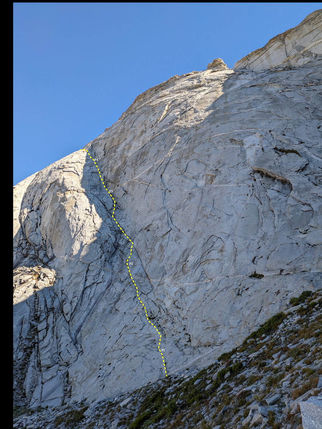 The beginning of the UMOC Connection (1,500’, 5.9) on Bearpaw Dome, Sequoia National Park, Sierra Nevada, California.
