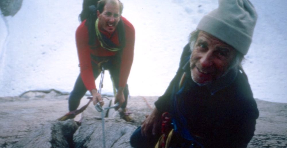 Jim Nelson (left) and Fred Beckey during the first ascent of Golden Klattasine (1987) on the Klattasine Ridge.
