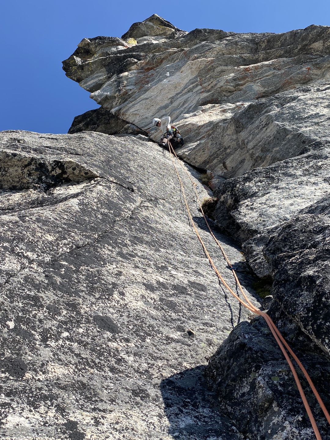 Sasha Yasinski below the crux of Crystal Pocket (435m, 5.10d) on the south face of Gladsheim Peak (2,830m).