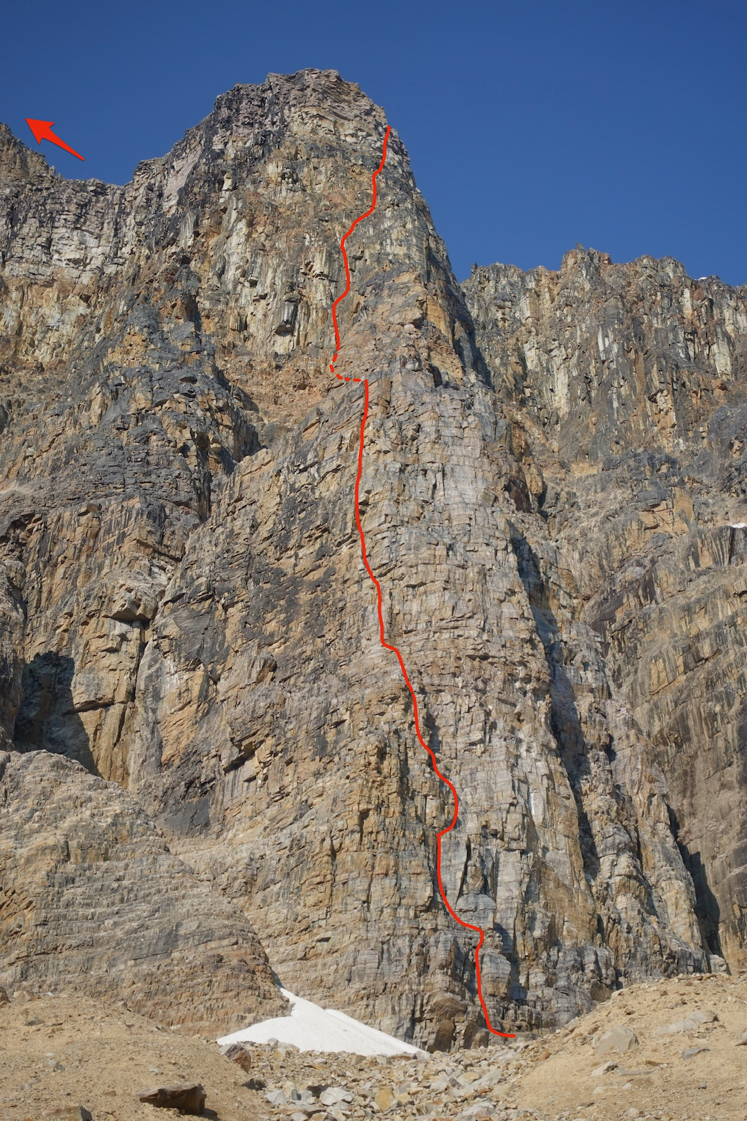The line of Lunchlord Buttress (600m, 5.10+) on the northeast face of Oldhorn Mountain. The summit is out of frame to the left. 