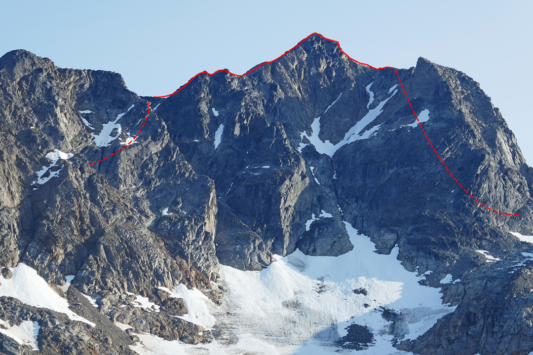 The upper part of Oscar’s Ridge (the northeast ridge) on Peak 830m on Apusiajik Island. The traverse went from left to right, then descended snow and a glacier on the far side of the mountain. 