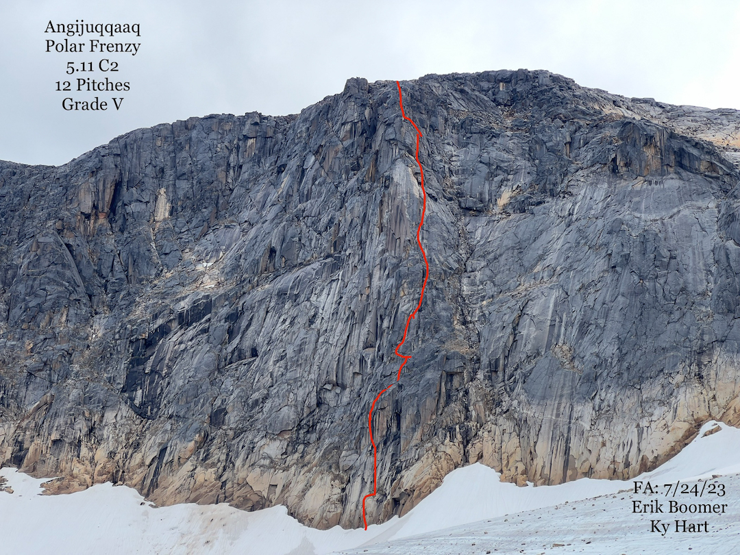 Photo-topo for Polar Frenzy on Angijuqqaaq. The summit is off picture to the left.