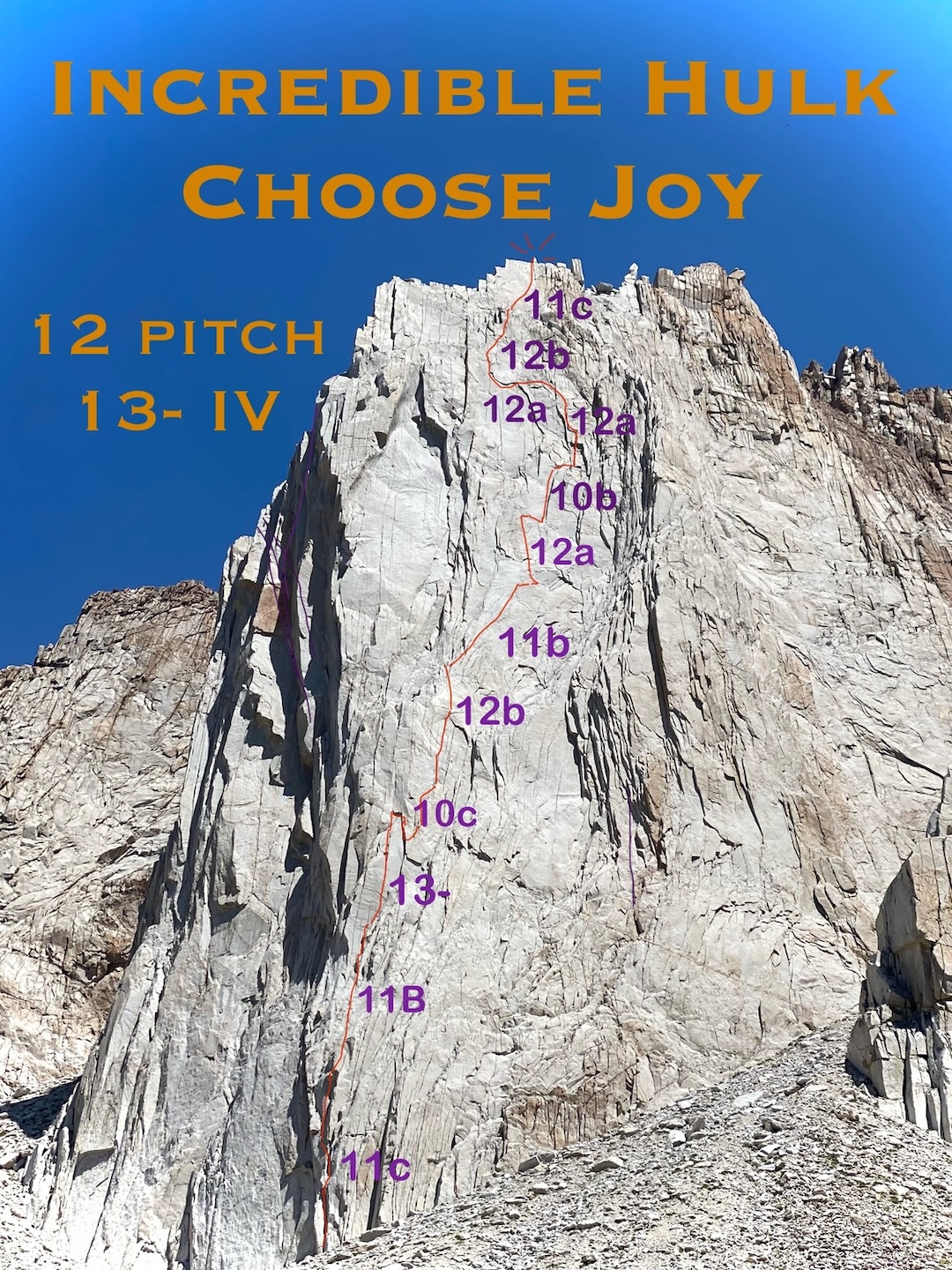 Photo-topo of the new route Choose Joy (12 pitches, IV 5.13a) on the Incredible Hulk