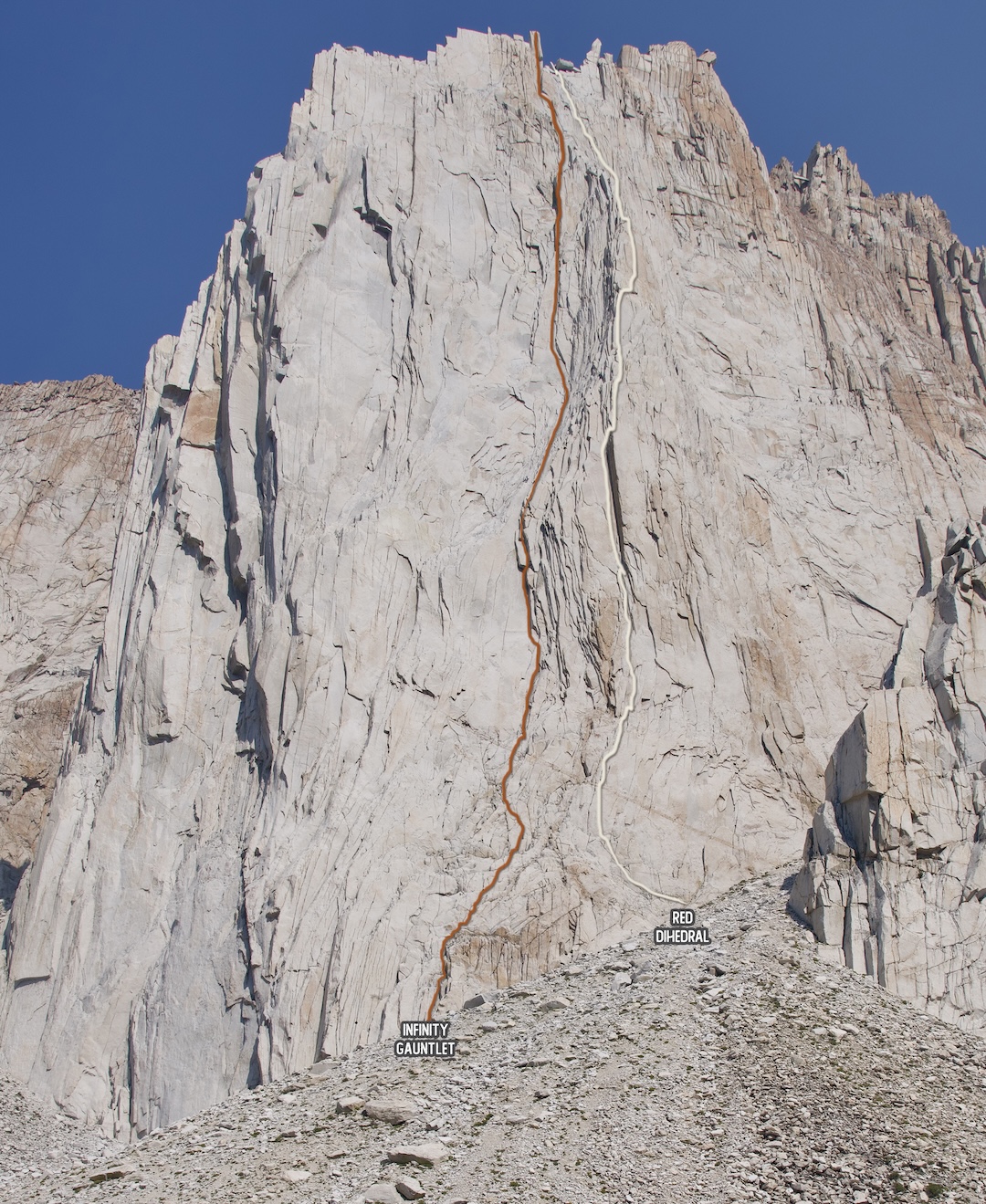 Infinity Gauntlet (12 pitches, IV 5.11d), climbed by Jeremy Collins, Moi Medena and Jarod Sickler in 2024. The classic Red Dihedral (12 pitches, 5.10) is shown in white to the right. Many other routes are not shown. 