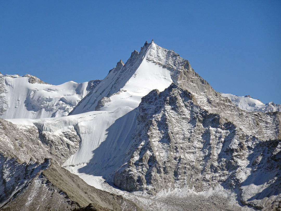 The northwest side of unclimbed Peak 6,222m in the Changla Himal. 