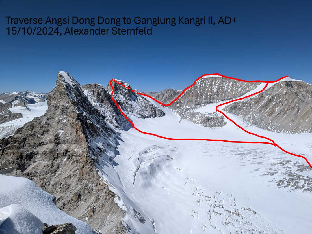 Seen from Peak 6,013m, the route traveled by Alexander Sternfeld, left to right, on his solo traverse of Angsi Dong Dong, Ganglung Kangri I, and II.