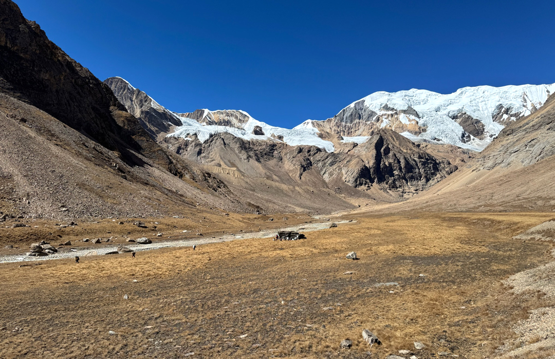 Airport Plain in the Kanjiroba Sanctuary and the site of Kanjiroba Base Camp. In the background, the low point in the western rim of the sanctuary is the Japanese Pass (5,831m). 