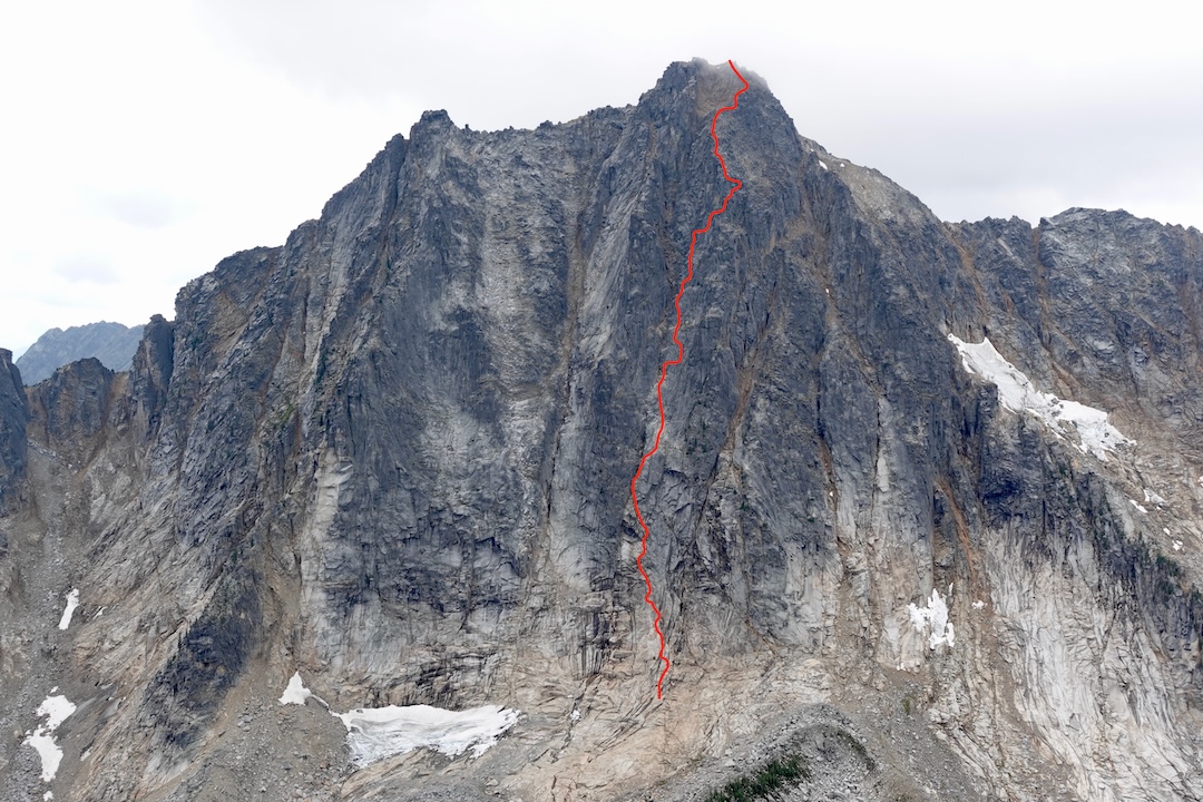 Ripped Settee (1,200’, 5.12a A0) on the central buttress of the north face of Castle Peak, North Cascades, Washington. 