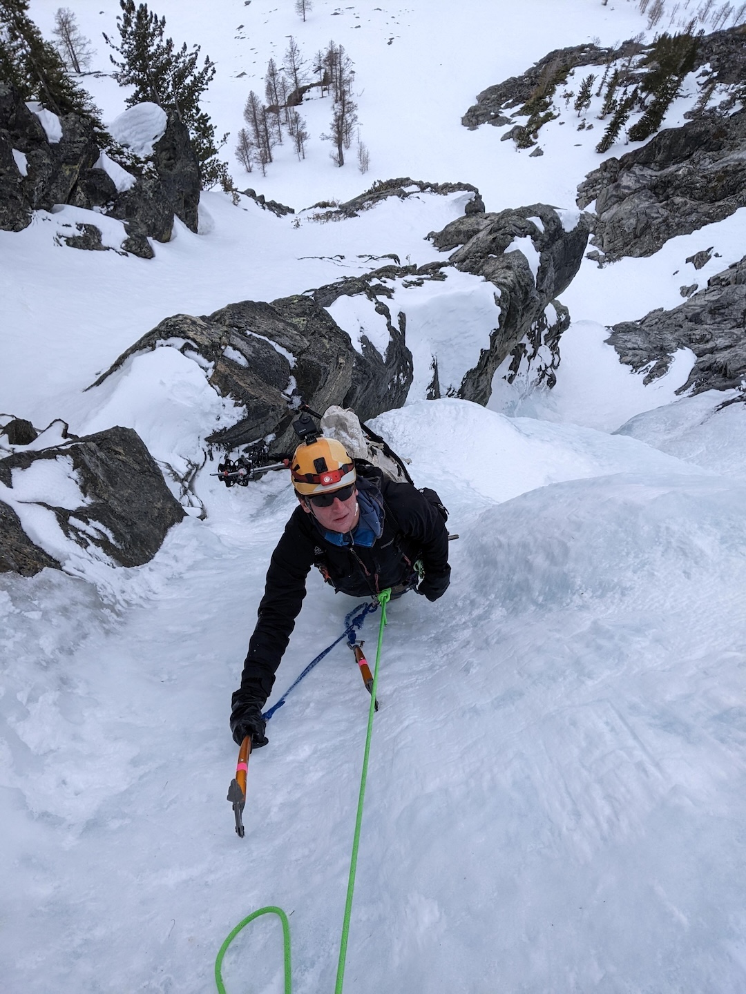  Eric Gilbertson following the second pitch on the northwest face of Choral Peak.