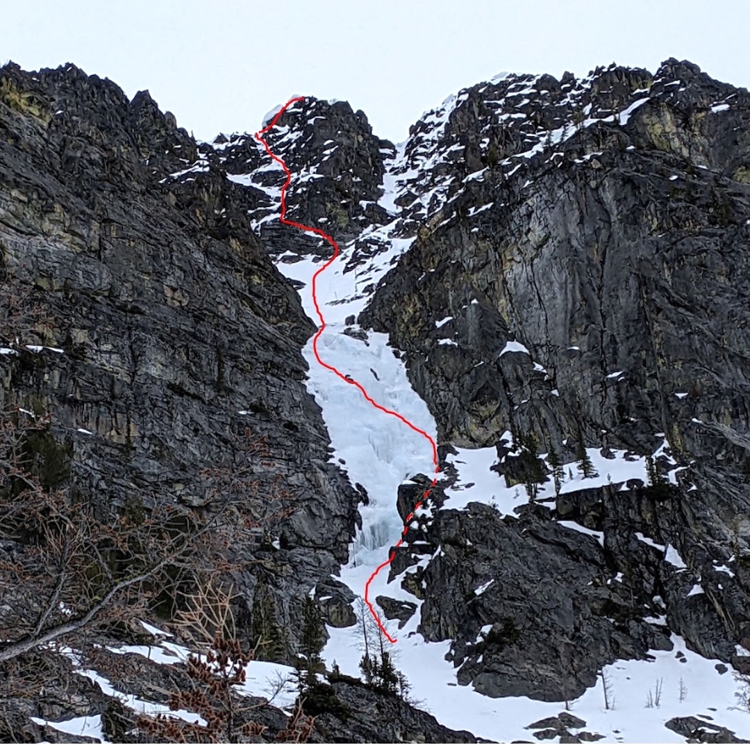 The northwest face (300m, WI3 M3 steep snow), Choral Peak, Entiat Mountains, North Cascades, Washington. 